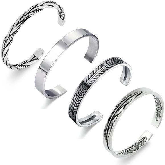4Pcs Men's Cuff Bracelets Silver Cuff Bracelet Leaves Pattern Twisted Open Cuff - Picture 1 of 7